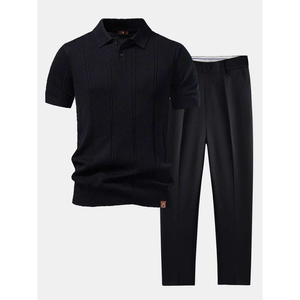 Men's black short-sleeve knit polo shirt paired with black straight-leg trousers displayed as a coordinated outfit.