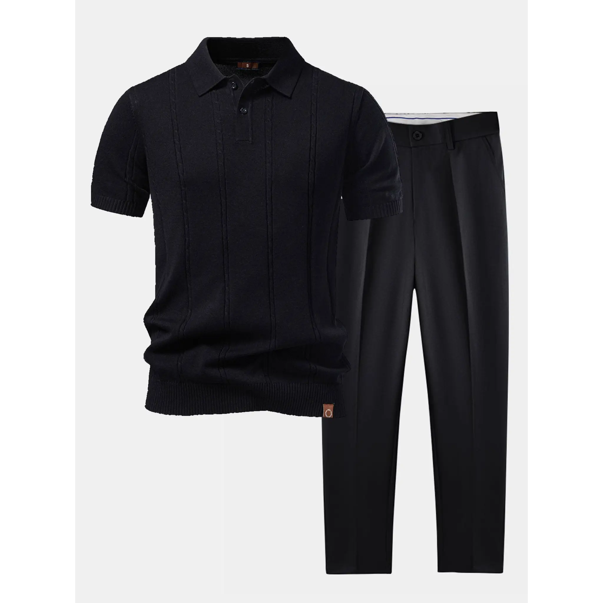 Men's black short-sleeve knit polo shirt paired with black straight-leg trousers displayed as a coordinated outfit.