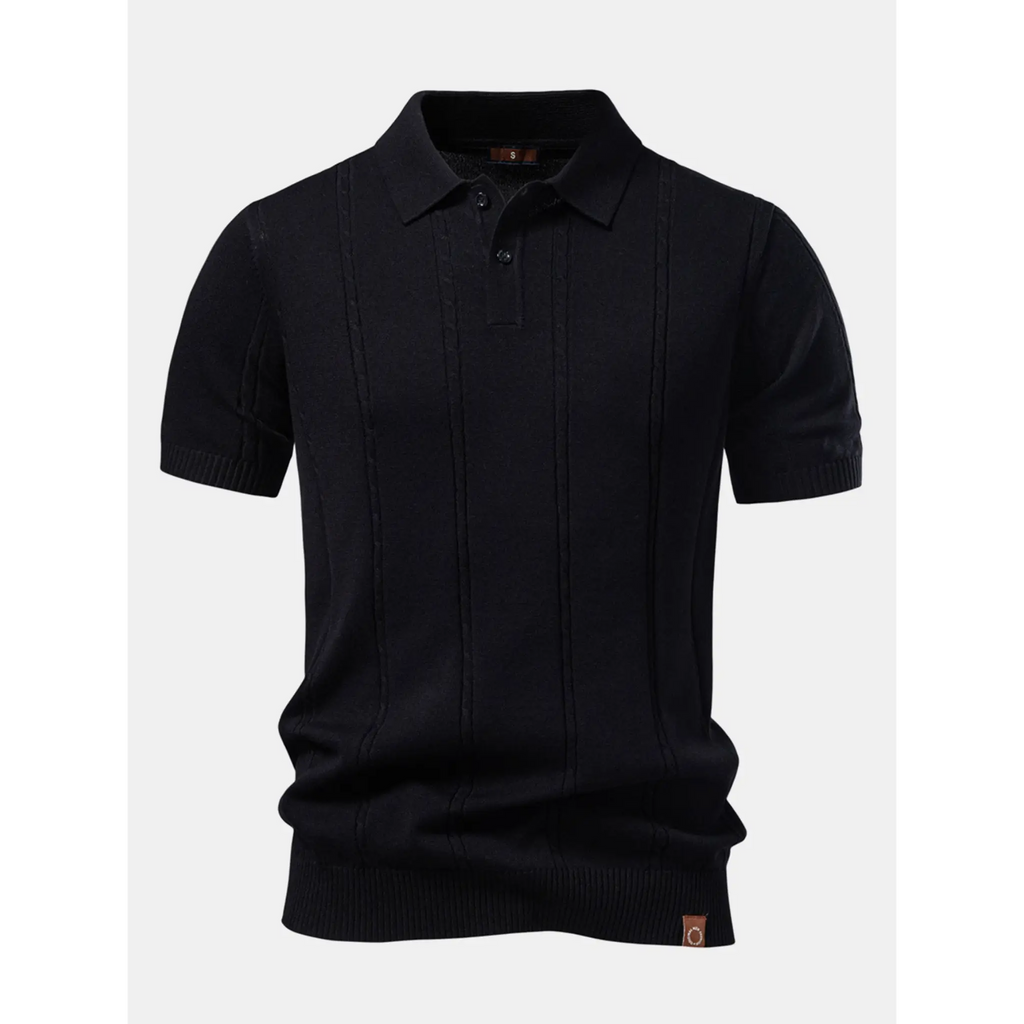 Men's black short-sleeve knit polo shirt with a classic collar displayed on a white background.