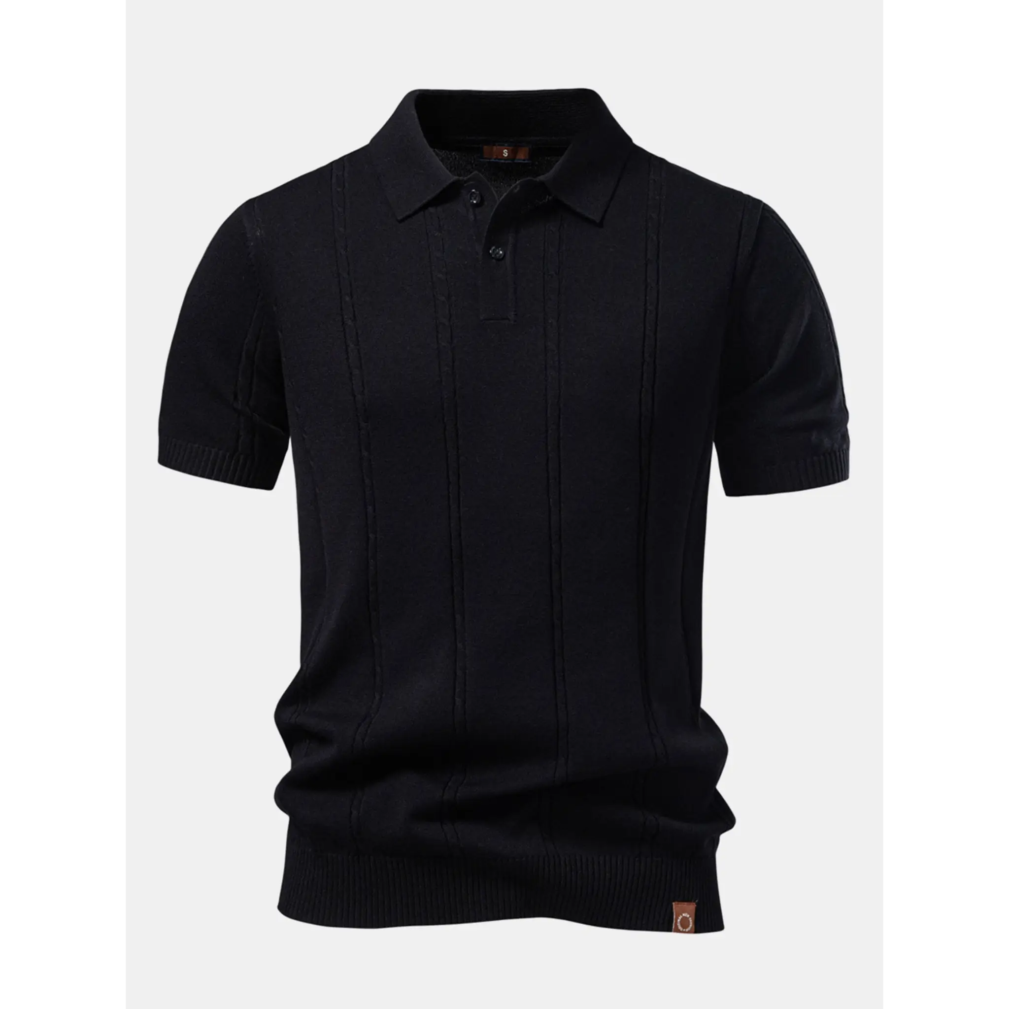 Men's black short-sleeve knit polo shirt with a classic collar displayed on a white background.