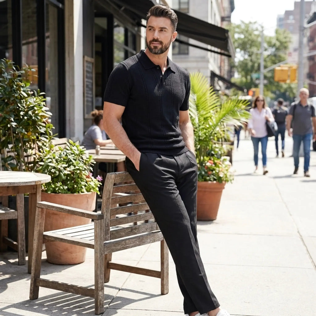 Man wearing a black short-sleeve knit polo shirt with black trousers in a casual outdoor setting.