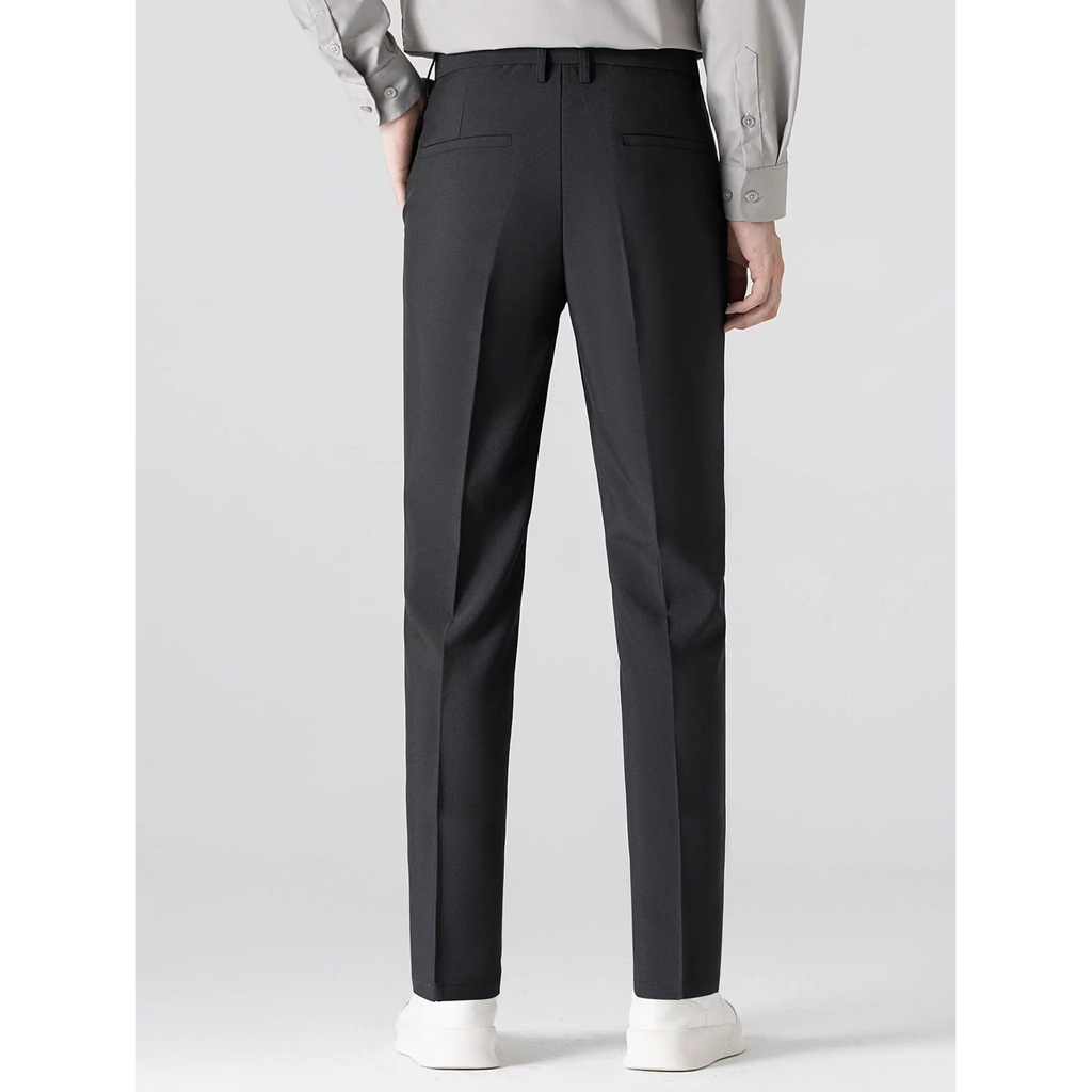 Back view of men's black tailored trousers with a clean straight-leg silhouette.
