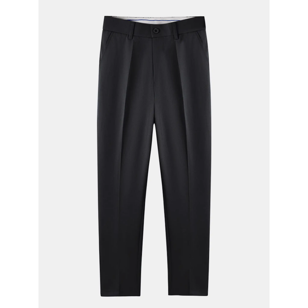 Men's black straight-leg trousers displayed on a white background with a modern tailored fit.