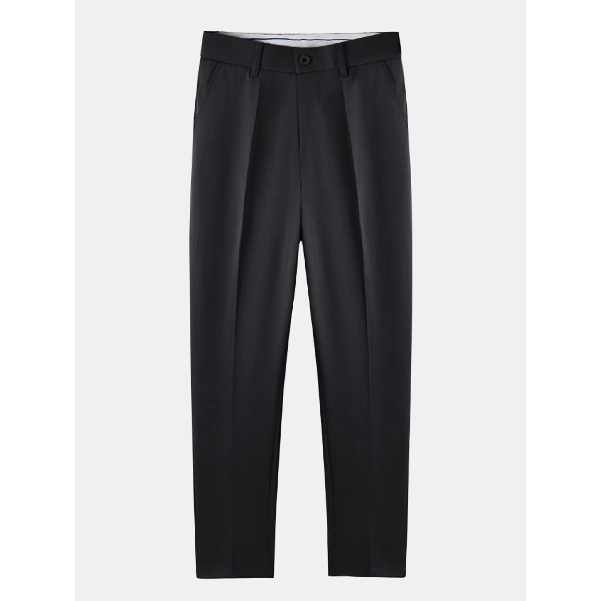 Men's black straight-leg trousers displayed on a white background with a modern tailored fit.