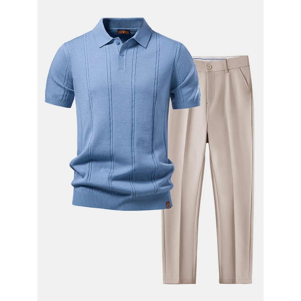 Men's light blue knit polo shirt paired with beige trousers displayed as a coordinated smart casual outfit.