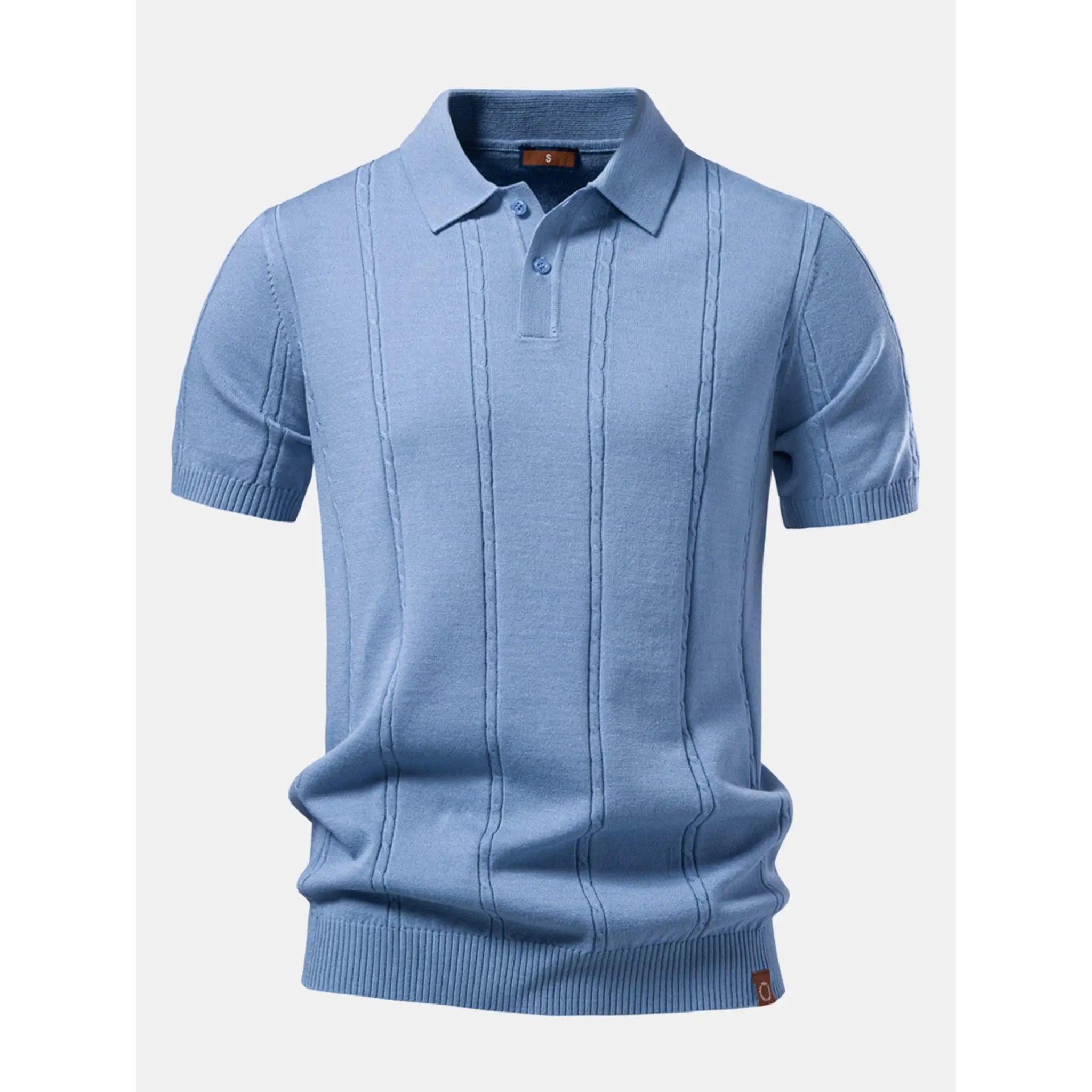 Men's light blue short-sleeve knit polo shirt with a classic collar displayed on a white background.