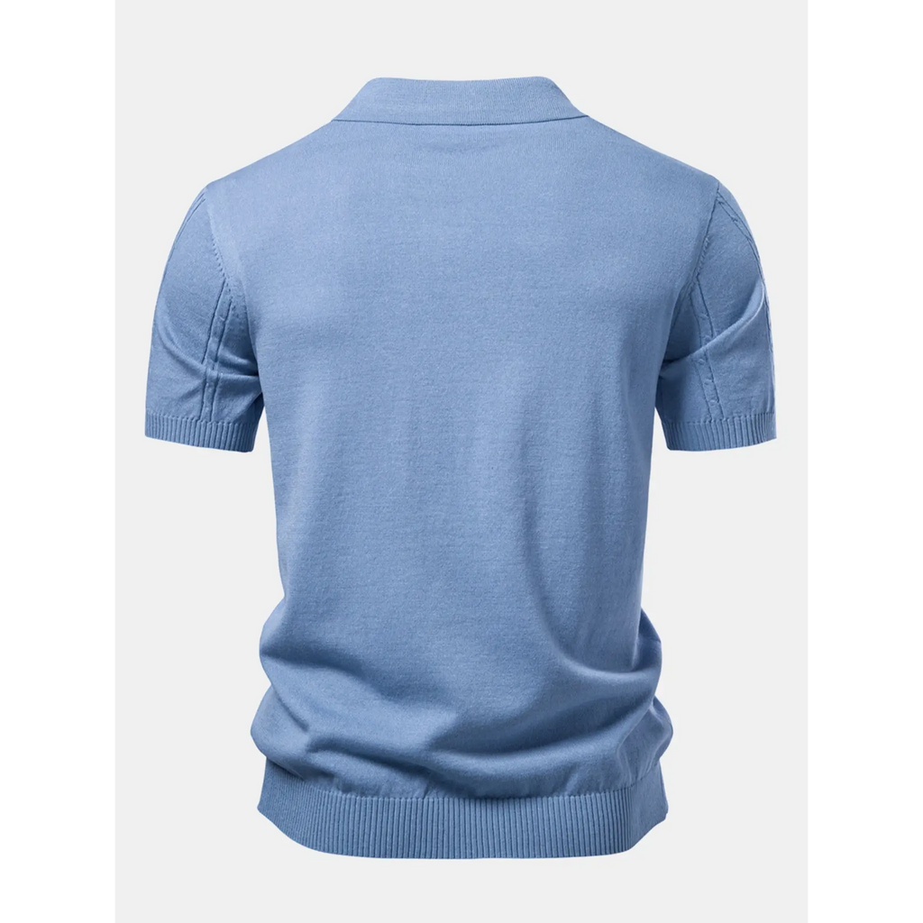 Back view of a men's light blue short-sleeve knit polo shirt with a clean, minimalist design.