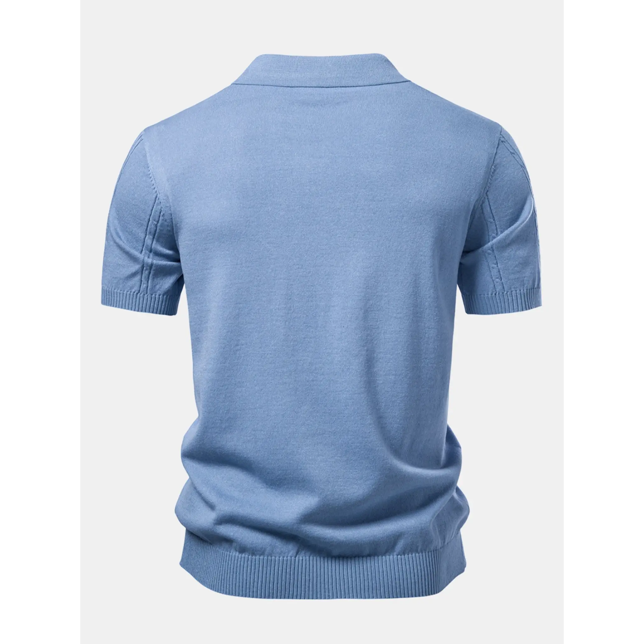 Back view of a men's light blue short-sleeve knit polo shirt with a clean, minimalist design.