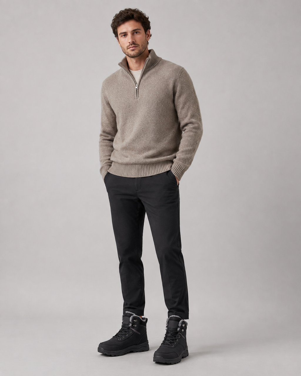 Black lug sole ankle boots with a plush-lined collar and lace-up closure shown on a male model