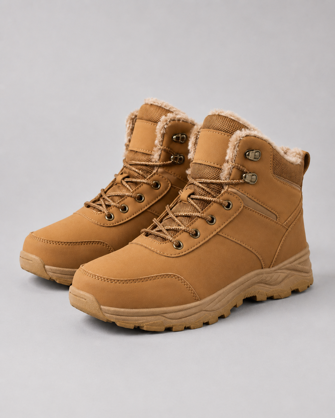 Tan lug sole ankle boots with plush-lined collars and lace-up closures