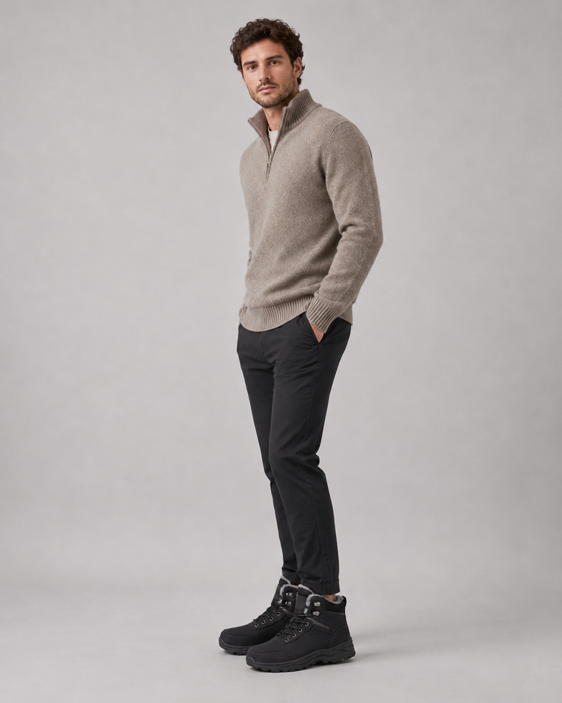 Brown lug sole ankle boots with a plush-lined collar and lace-up closure worn with black pants