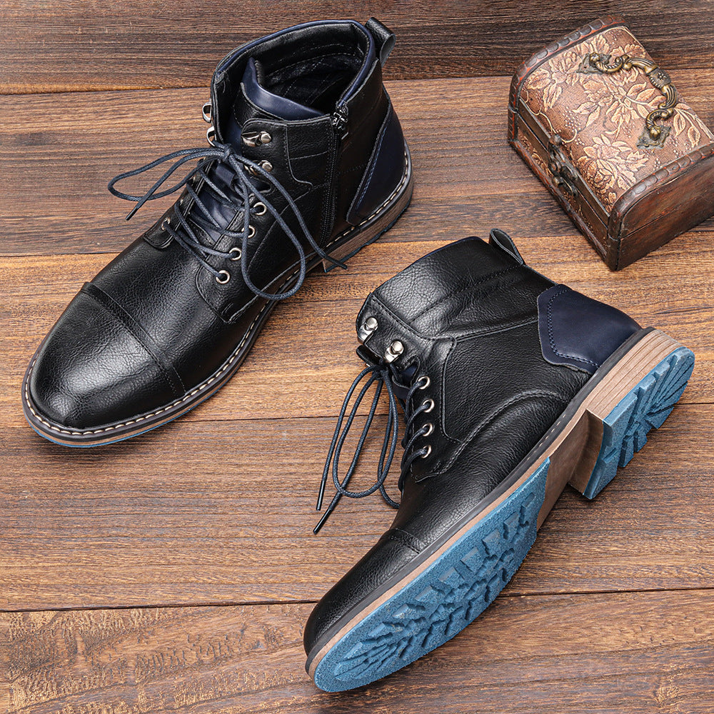 Black lug sole ankle boots with warm lining and lace-up closure, shown from multiple angles
