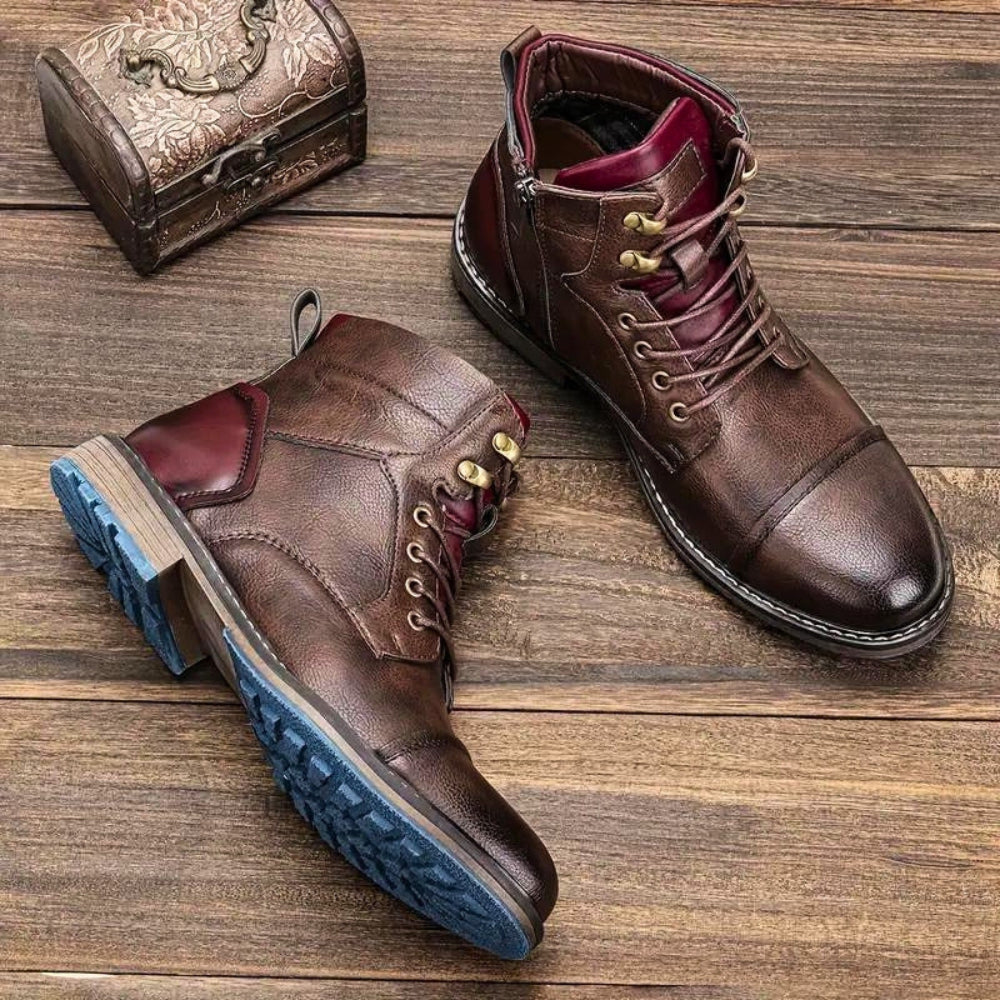 Burgundy lug sole ankle boots with warm lining and lace-up closure, shown in a three-quarter view