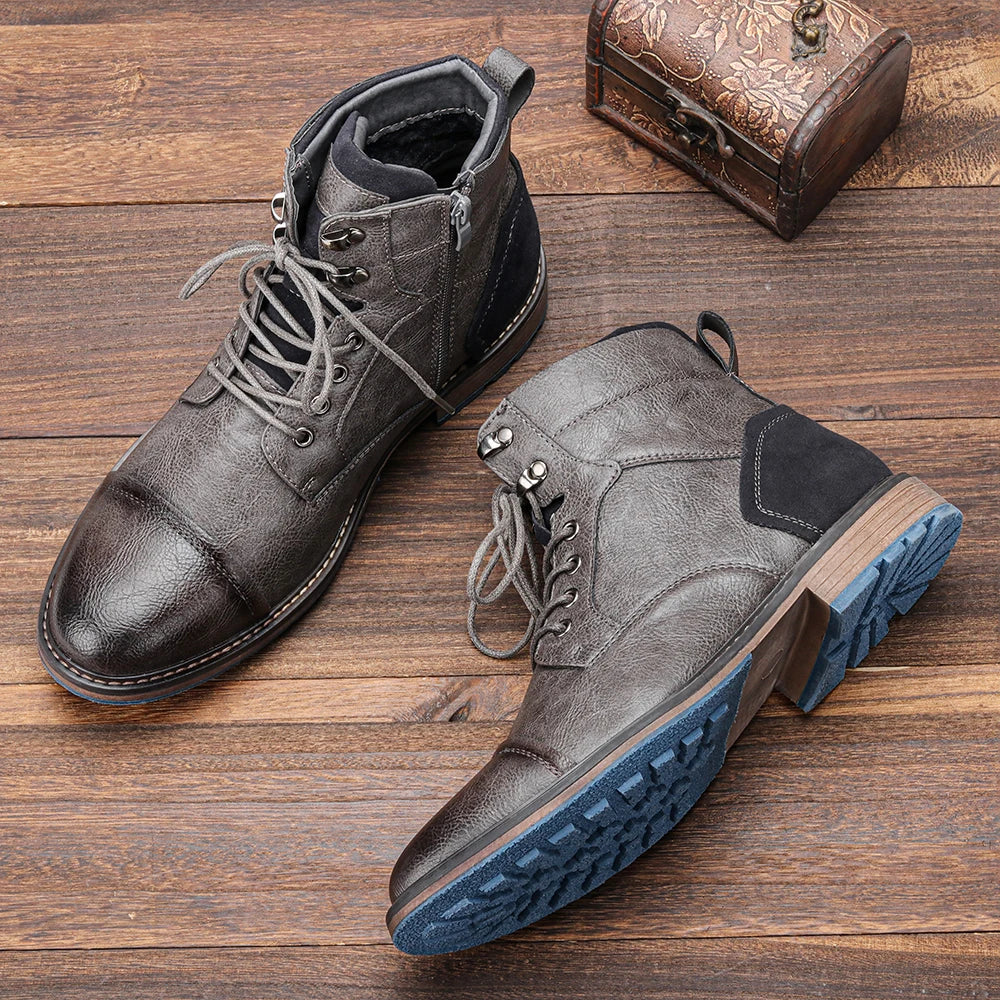 Gray lug sole ankle boots with warm lining and lace-up closure, shown from multiple angles