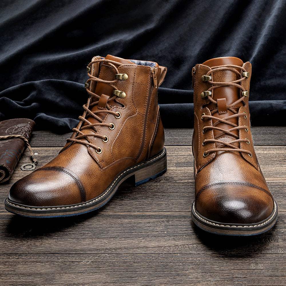 Brown lug sole ankle boots with warm lining and lace-up closure, shown from the front