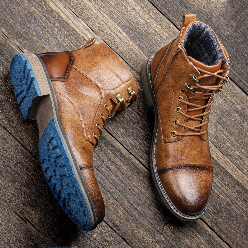 Brown lug sole ankle boots with warm lining and lace-up closure, shown in a three-quarter view