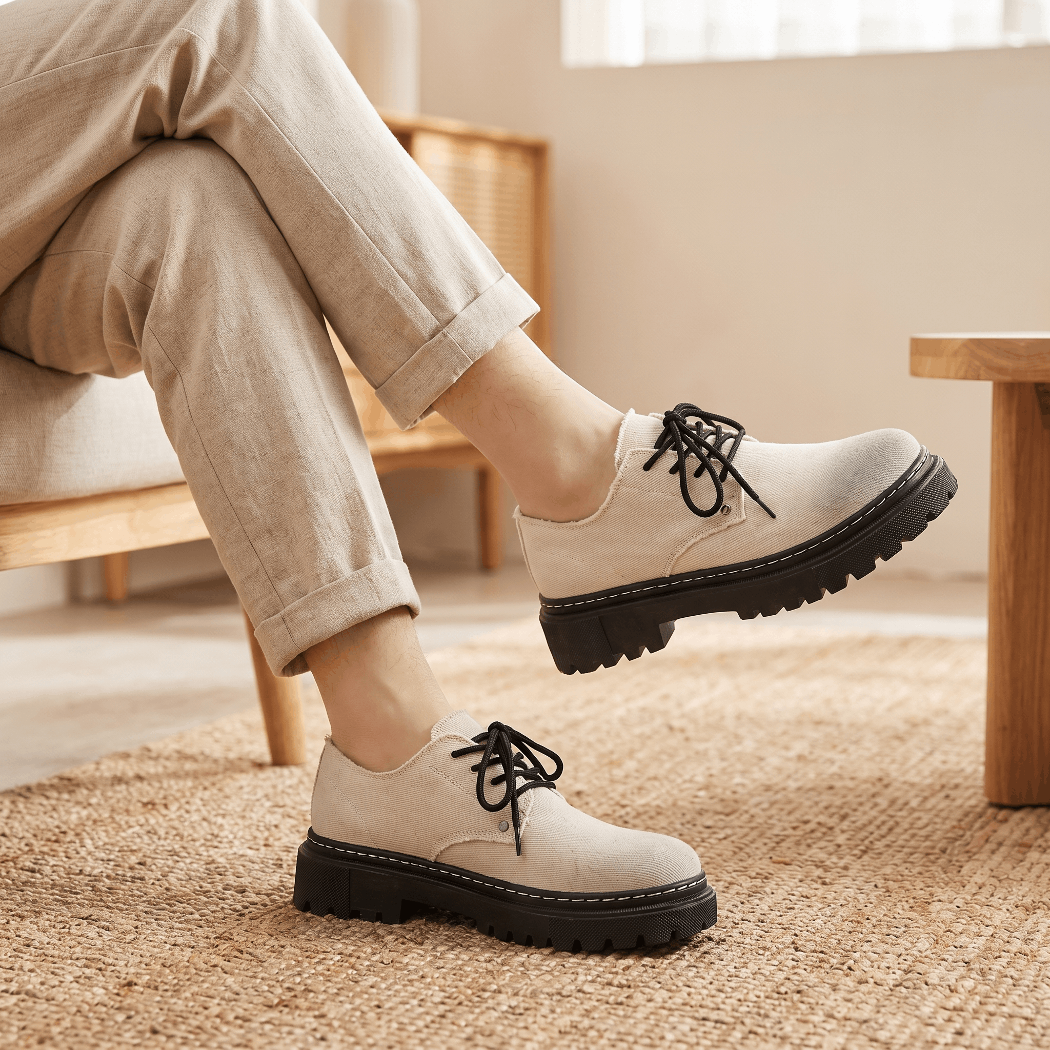 Person seated with legs crossed wearing beige denim Manuel shoes over a jute rug indoors