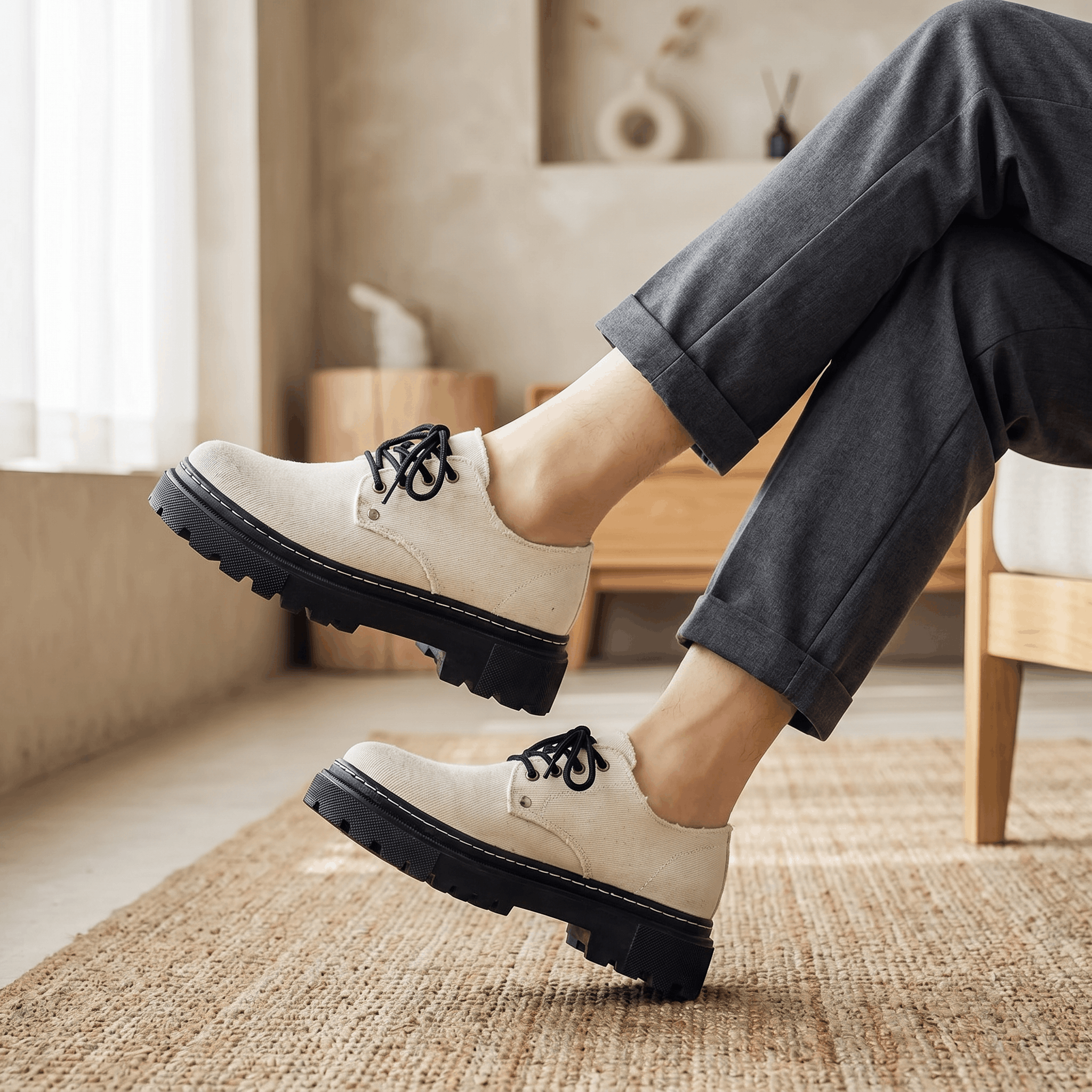 Person's crossed legs in gray trousers wearing beige denim Manuel shoes near a sunlit window