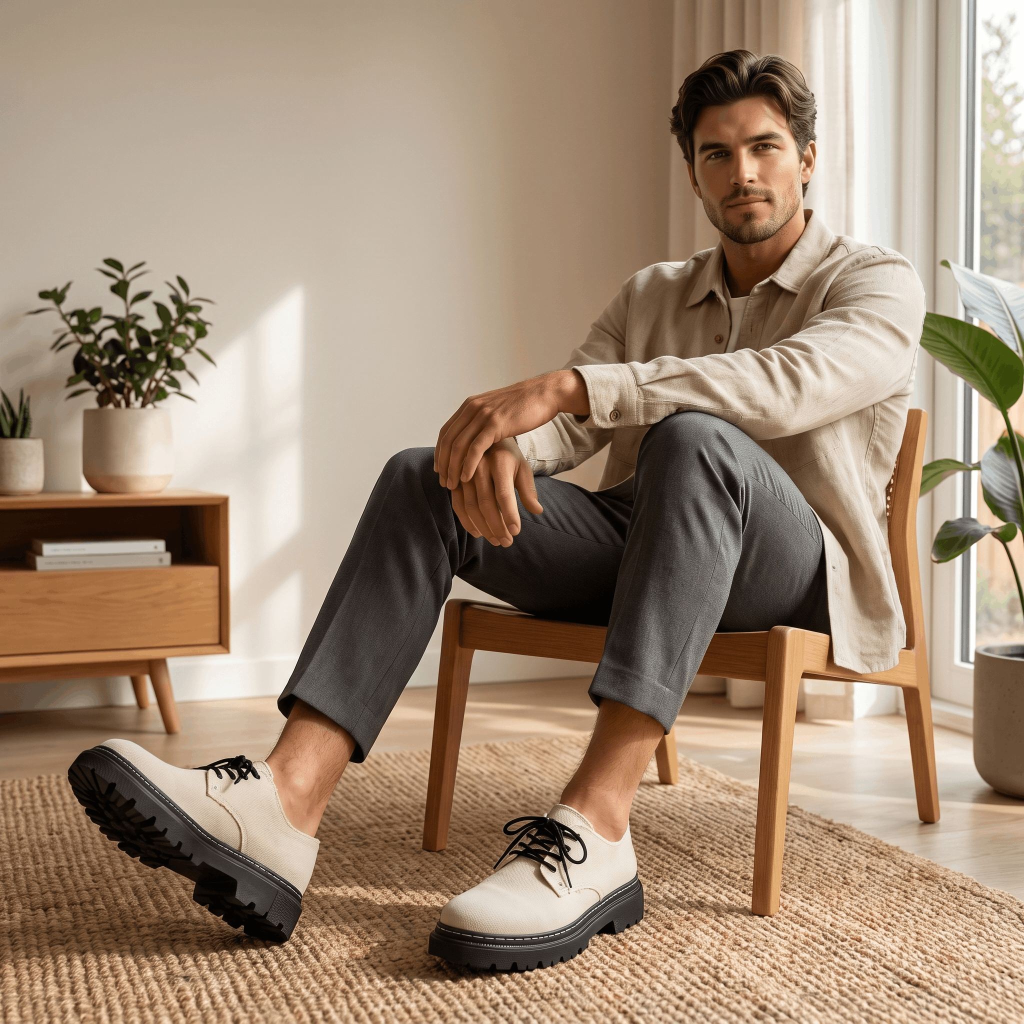 Man seated in wooden chair wearing beige shirt, gray trousers, and beige denim Manuel shoes in a plant-filled sunlit room