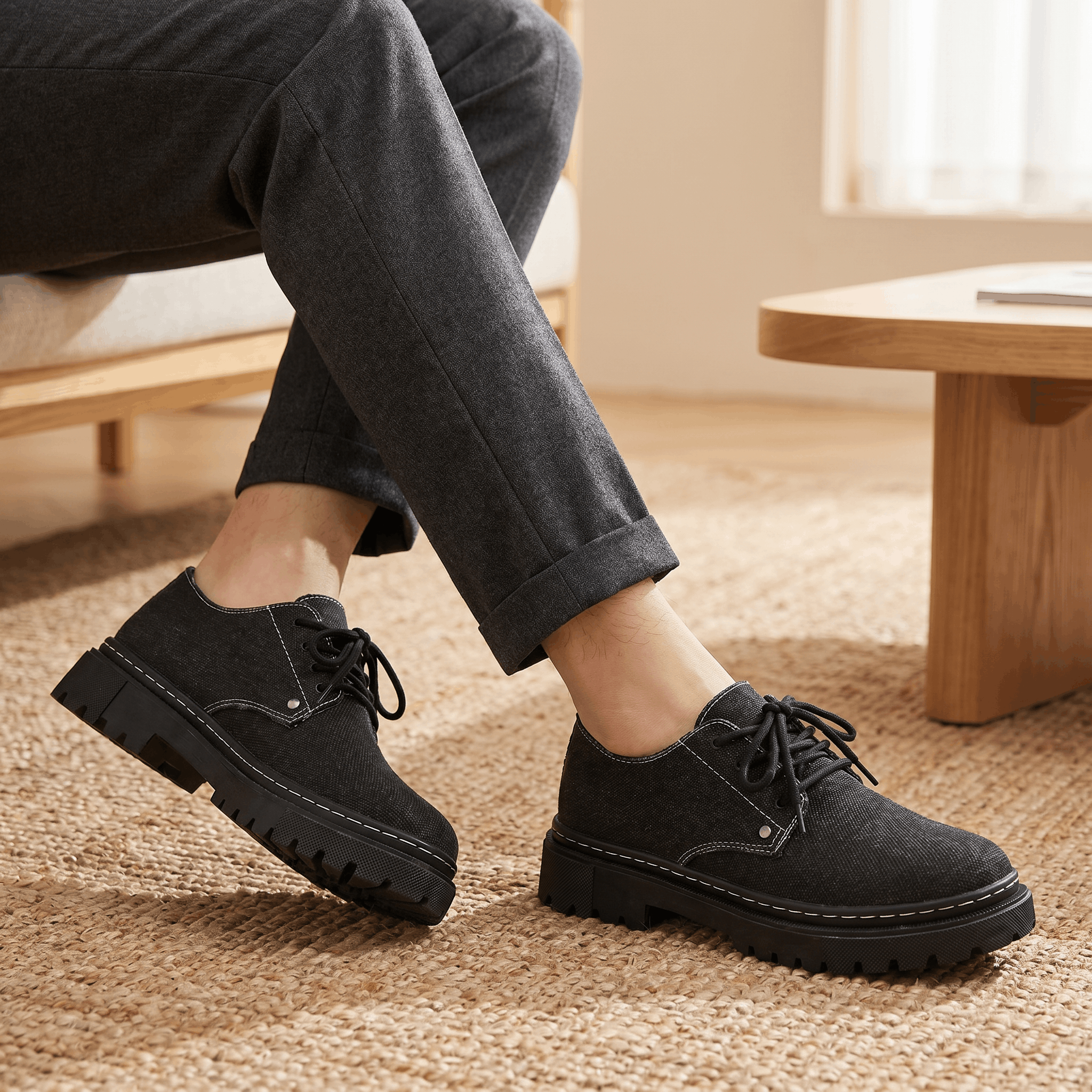 Crossed legs in dark gray trousers wearing black denim Manuel shoes over a jute rug indoors