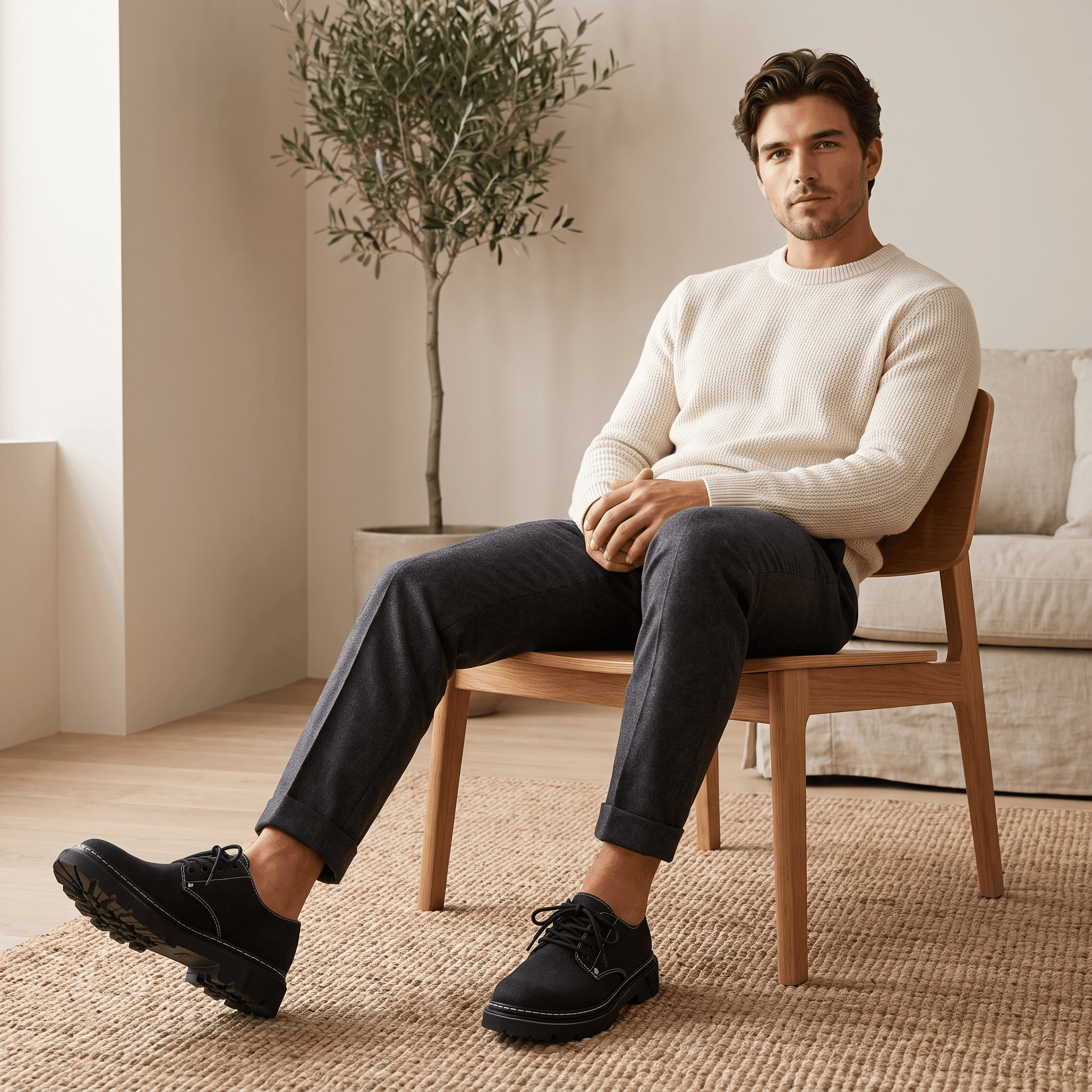 Man seated in wooden chair wearing cream sweater, dark trousers, and black denim Manuel shoes near an olive plant