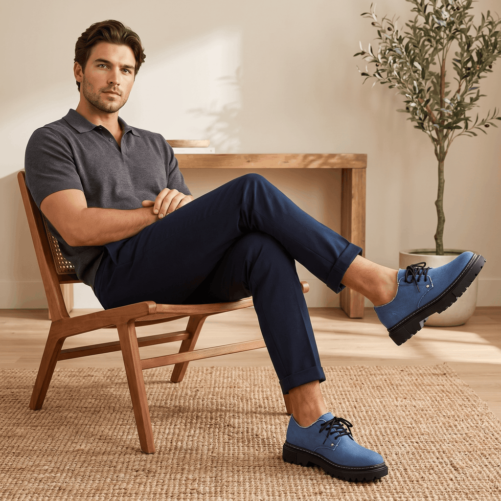 Man seated in wooden chair wearing gray polo, navy trousers, and blue denim Manuel shoes in a plant-filled indoor setting