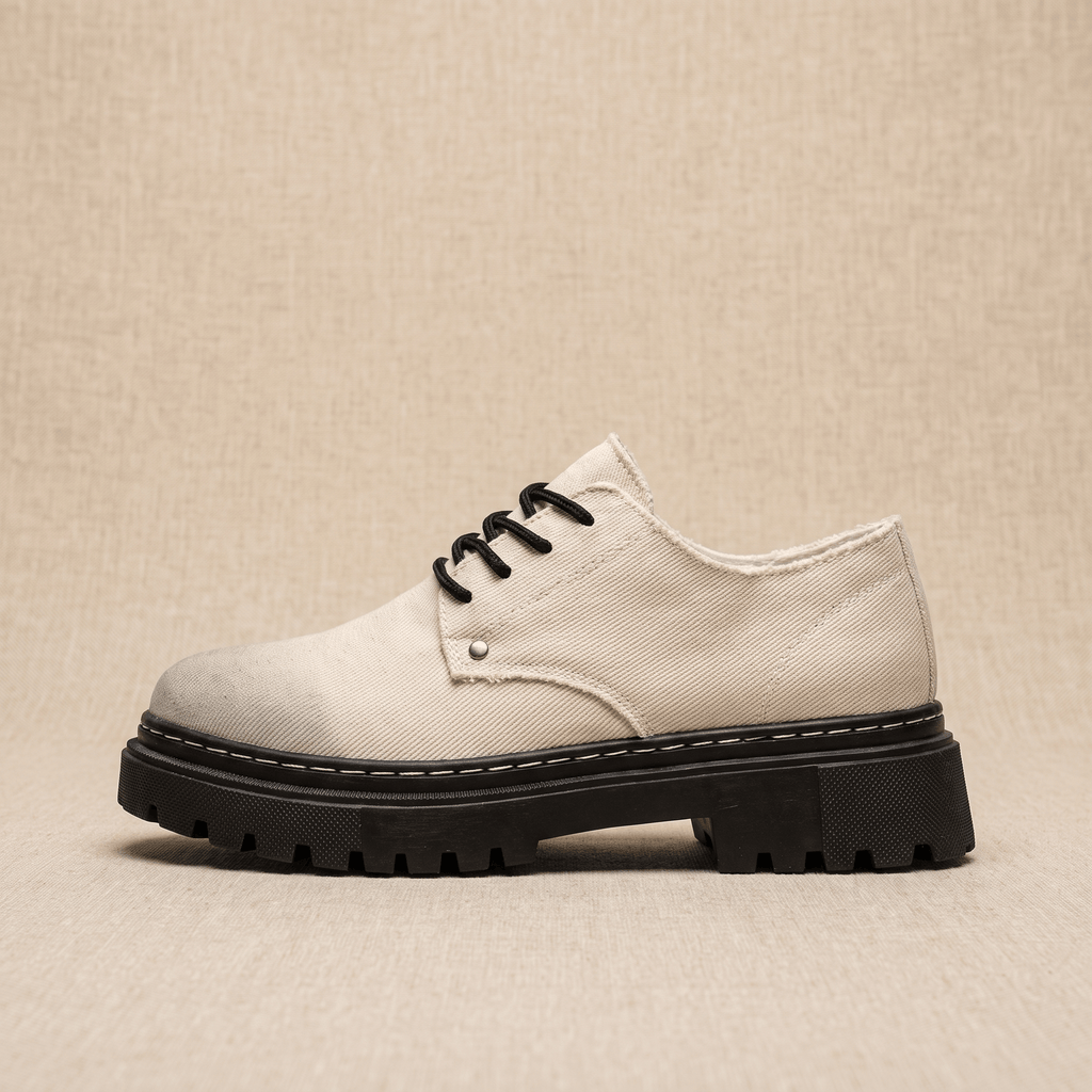 Single beige denim Manuel lace-up shoe shown in side profile with black lug sole on tan backdrop