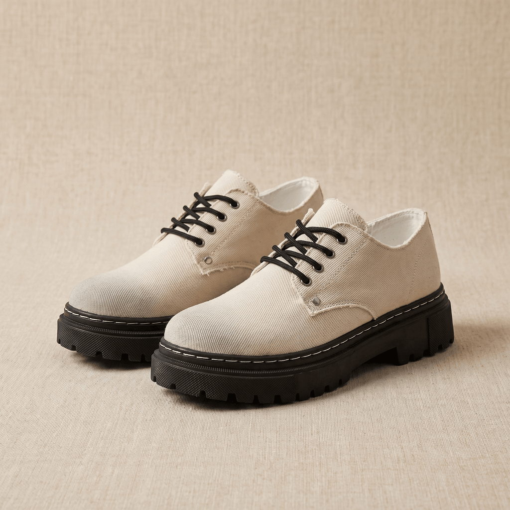 Pair of beige denim Manuel lace-up shoes with black rubber lug soles on beige backdrop