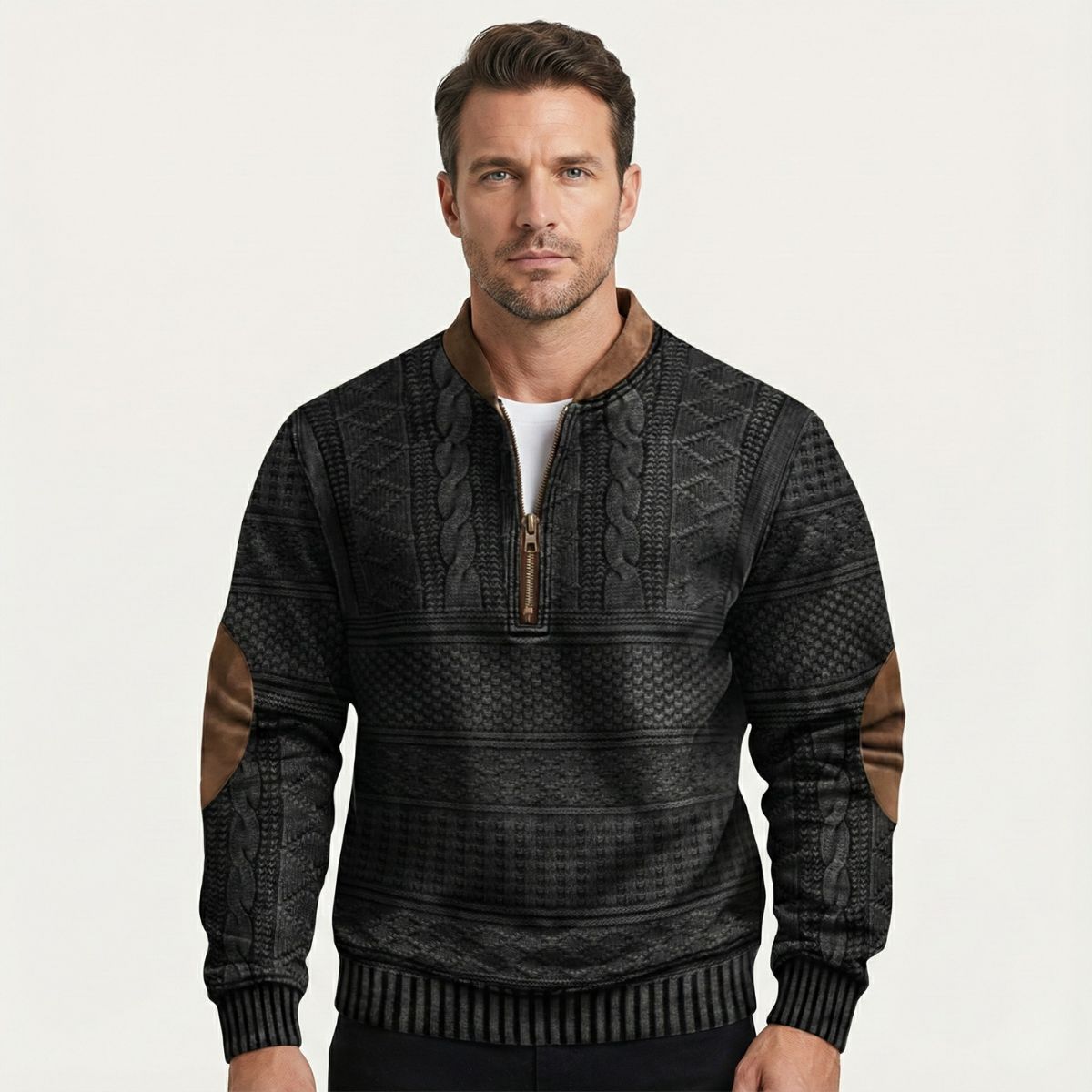 Marco Patterned Knit Half-Zip Sweater – Elbow-Patch Relaxed Layering Knitwear