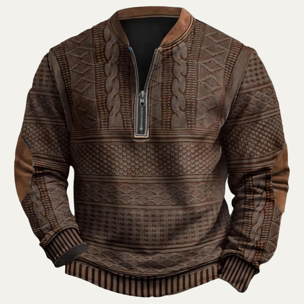Marco Patterned Knit Half-Zip Sweater – Elbow-Patch Relaxed Layering Knitwear