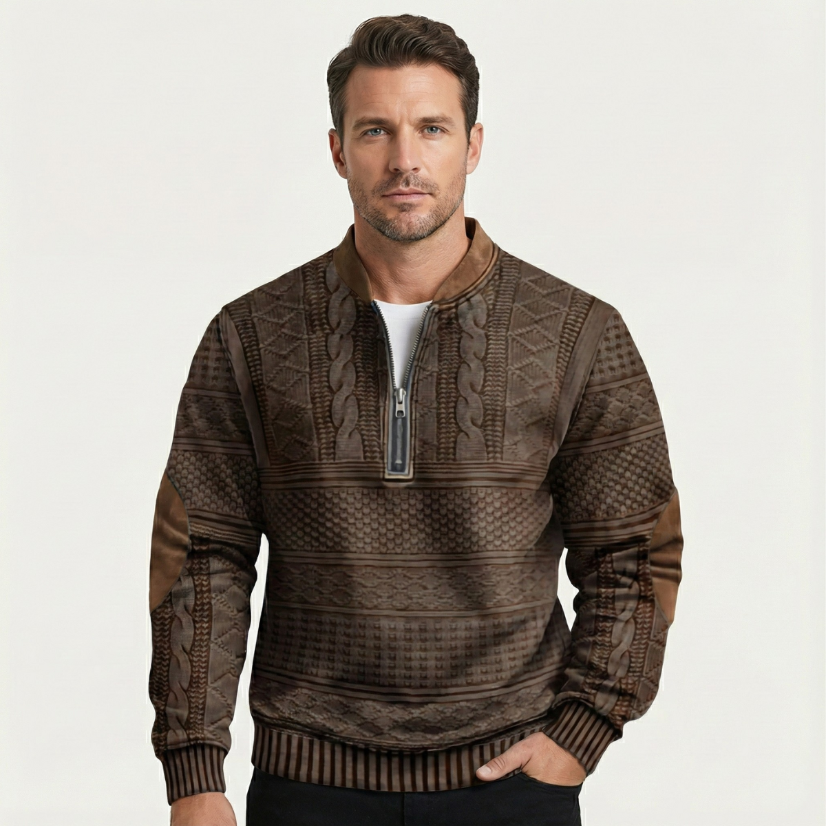 Marco Patterned Knit Half-Zip Sweater – Elbow-Patch Relaxed Layering Knitwear
