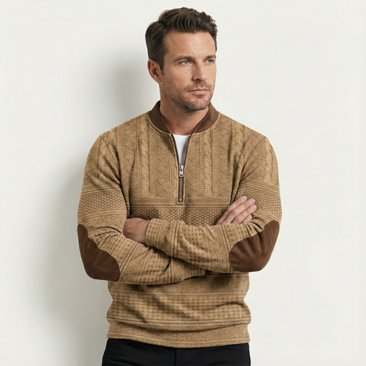 Marco Patterned Knit Half-Zip Sweater – Elbow-Patch Relaxed Layering Knitwear
