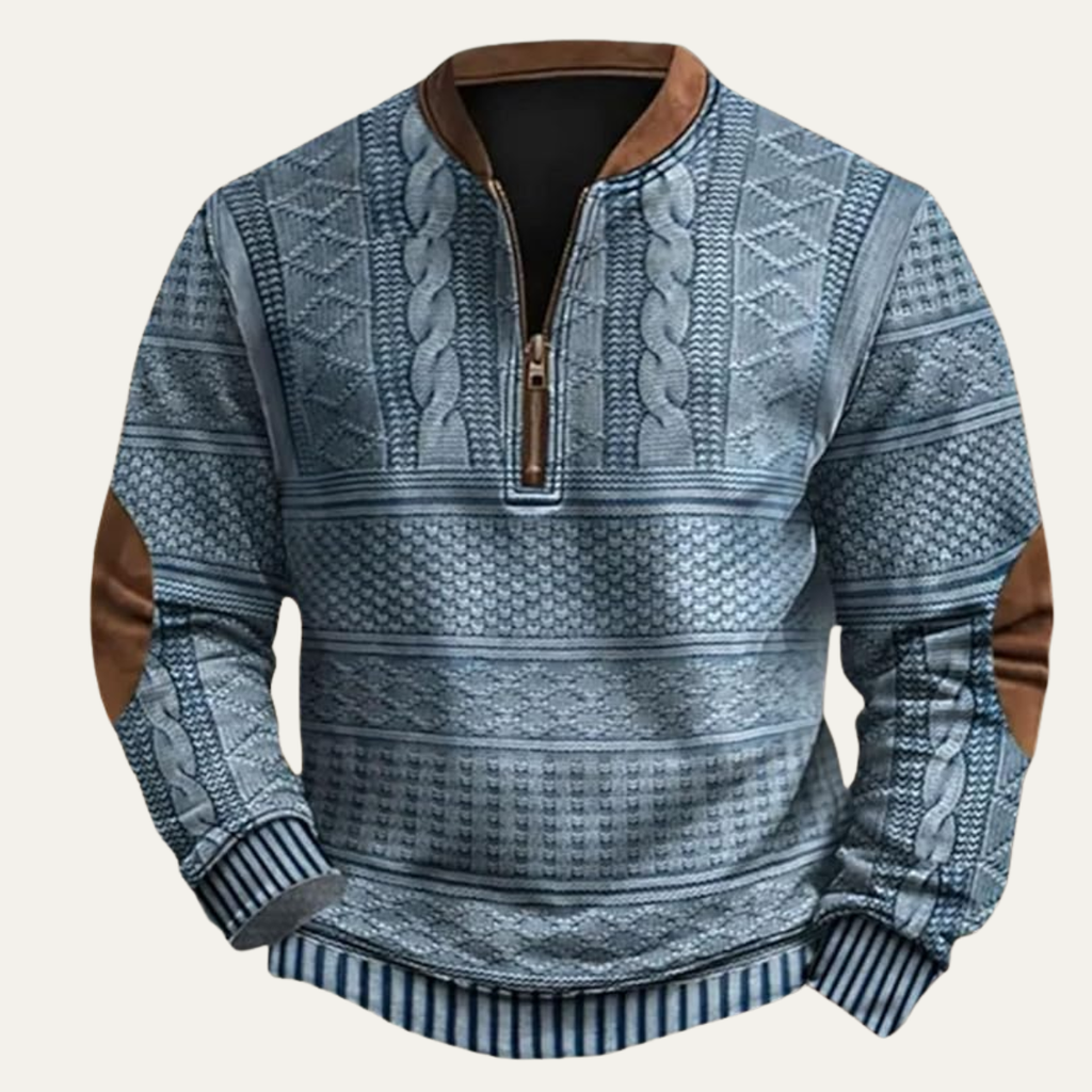 Marco Patterned Knit Half-Zip Sweater – Elbow-Patch Relaxed Layering Knitwear