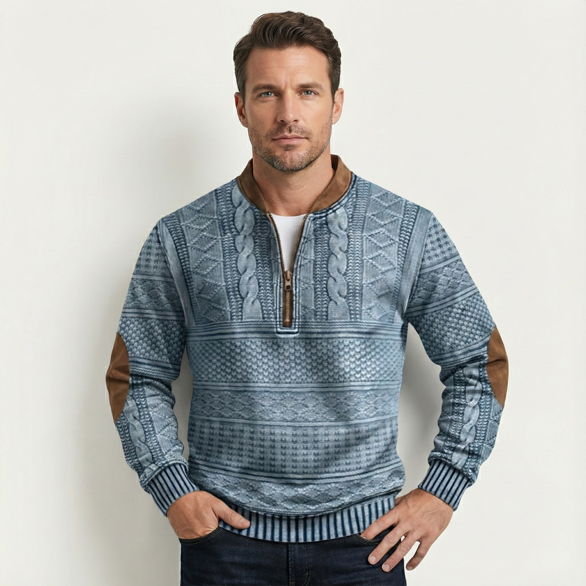 Marco Patterned Knit Half-Zip Sweater – Elbow-Patch Relaxed Layering Knitwear