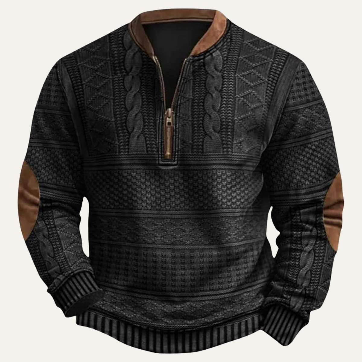 Marco Patterned Knit Half-Zip Sweater – Elbow-Patch Relaxed Layering Knitwear