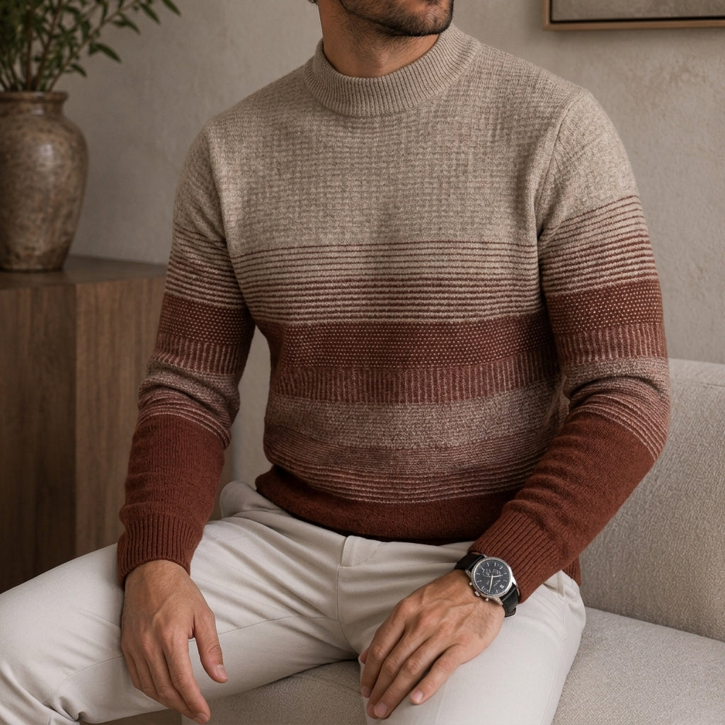 Marco Wool Crew Neck Sweater – Ombre Stripe Ribbed Knit Casual Pullover