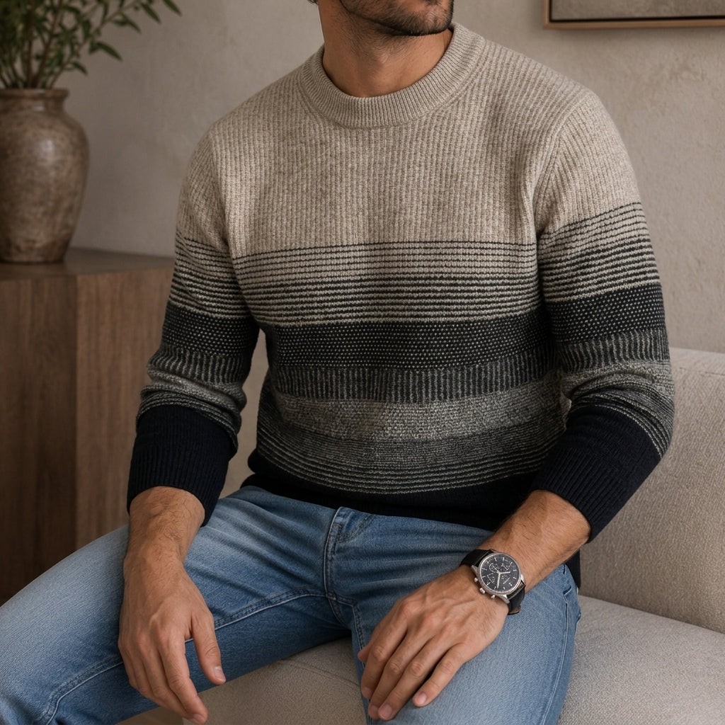 Marco Wool Crew Neck Sweater – Ombre Stripe Ribbed Knit Casual Pullover