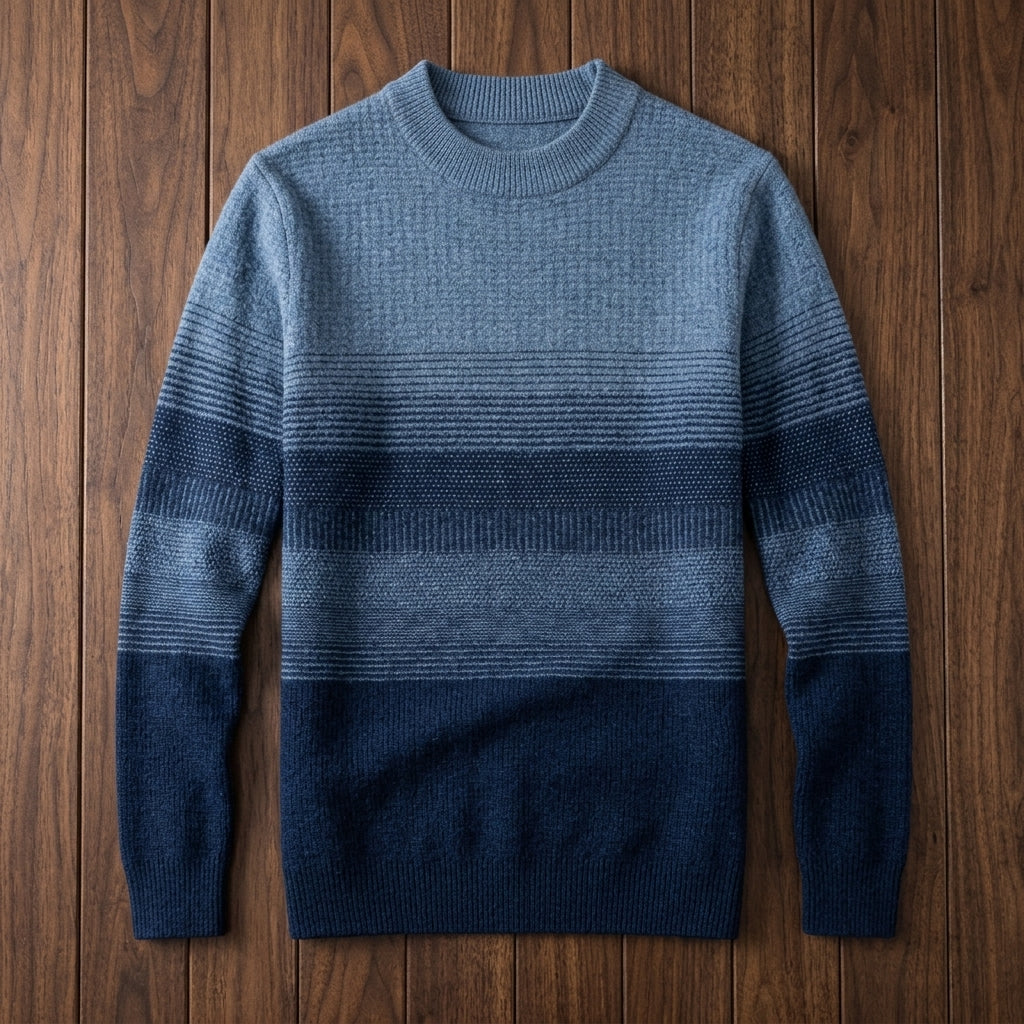 Marco Wool Crew Neck Sweater – Ombre Stripe Ribbed Knit Casual Pullover