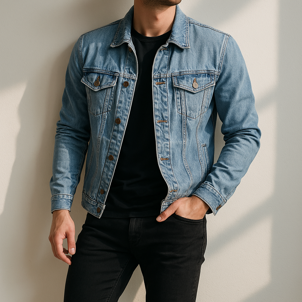 Three-quarter view of a man wearing a light wash denim jacket featuring a button-front closure, chest flap pockets, and a regular fit.
