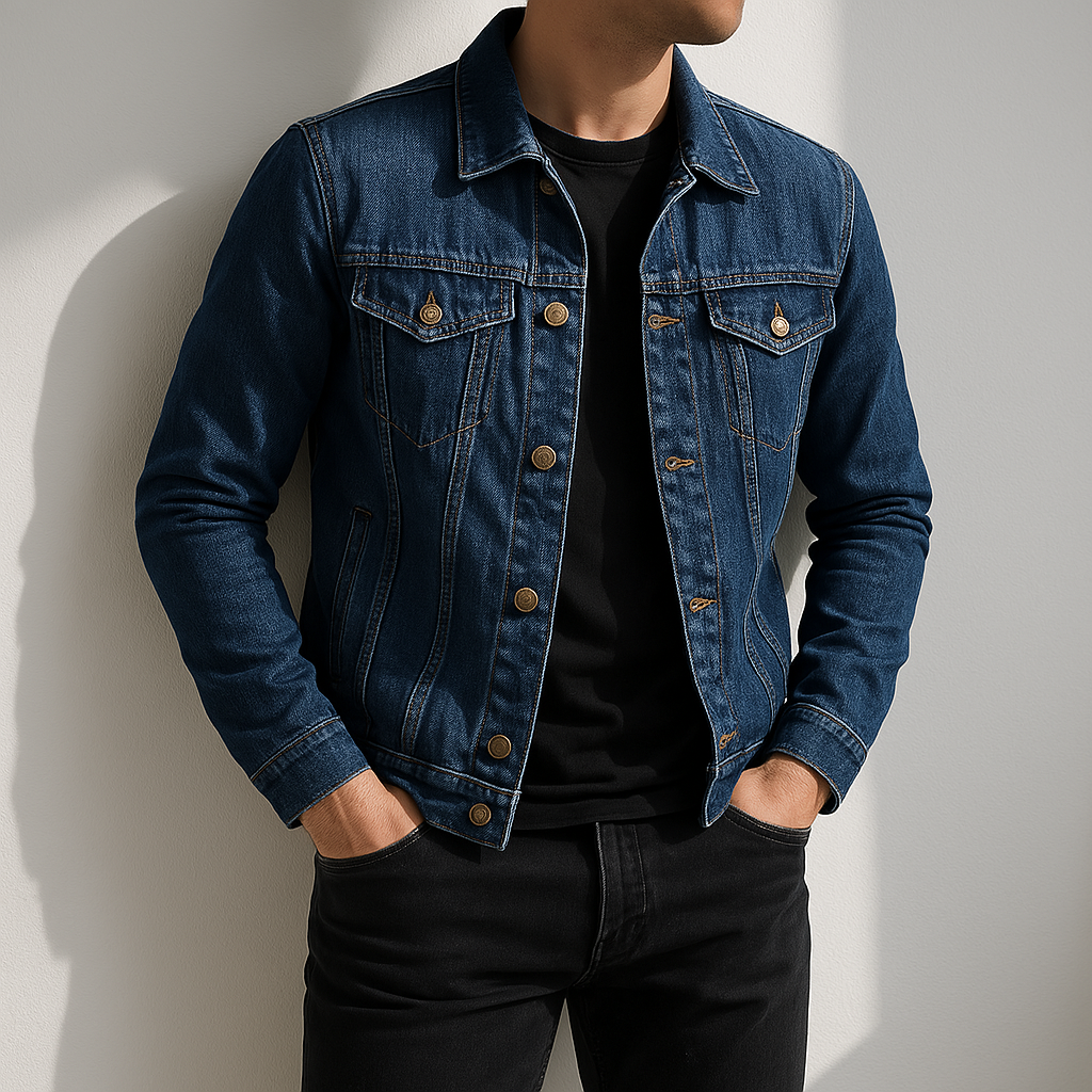 Man wearing a dark wash denim jacket with a button-front closure, chest flap pockets, and a classic fit over a black T-shirt.