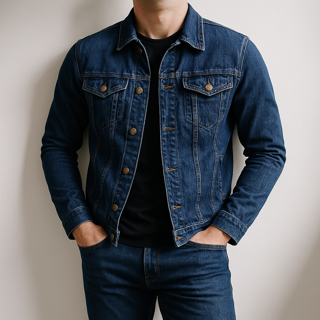 Man wearing a medium wash denim jacket featuring a button-front closure, chest flap pockets, and a timeless trucker style.