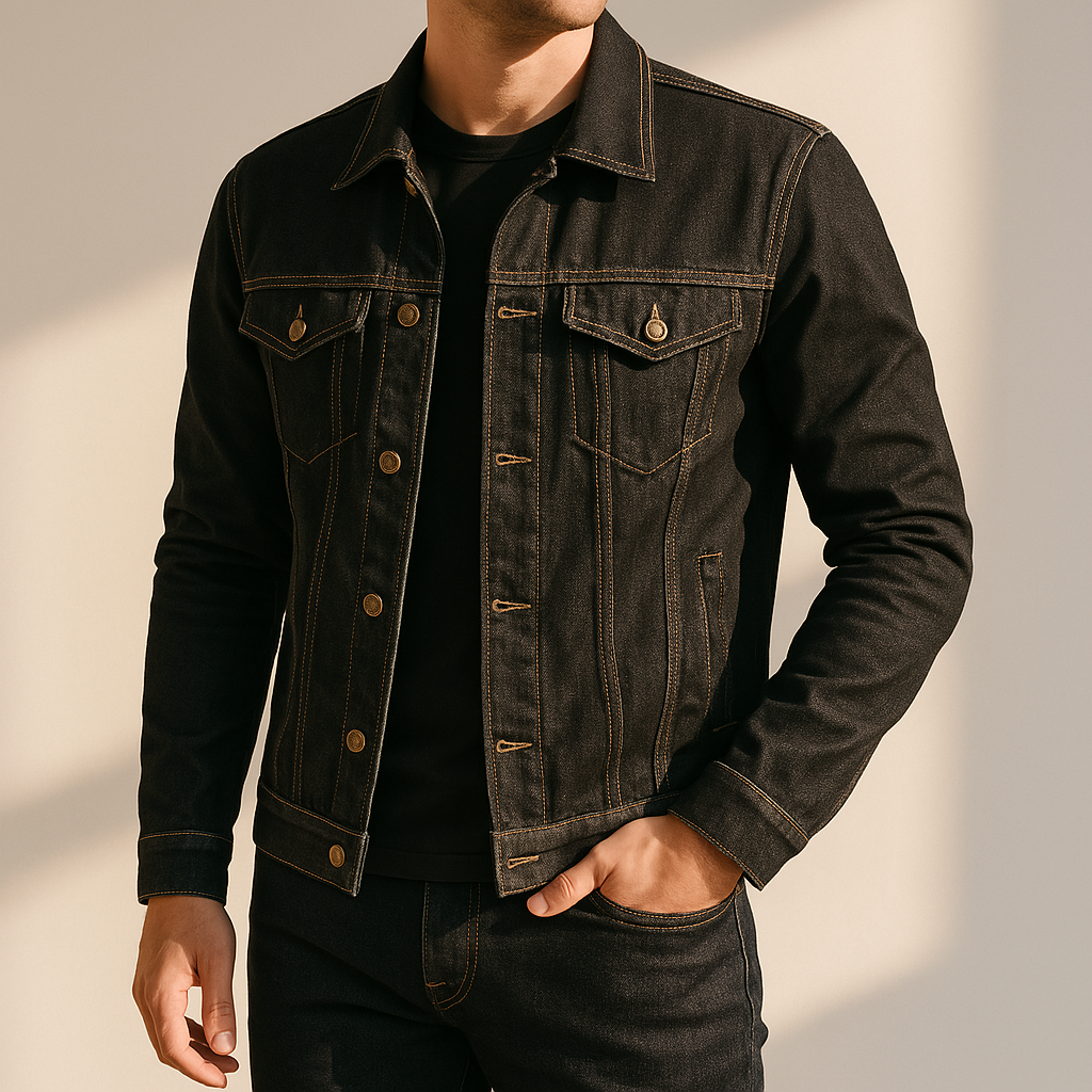 Man wearing a black denim jacket with a button-front closure, chest flap pockets, and a classic trucker silhouette.