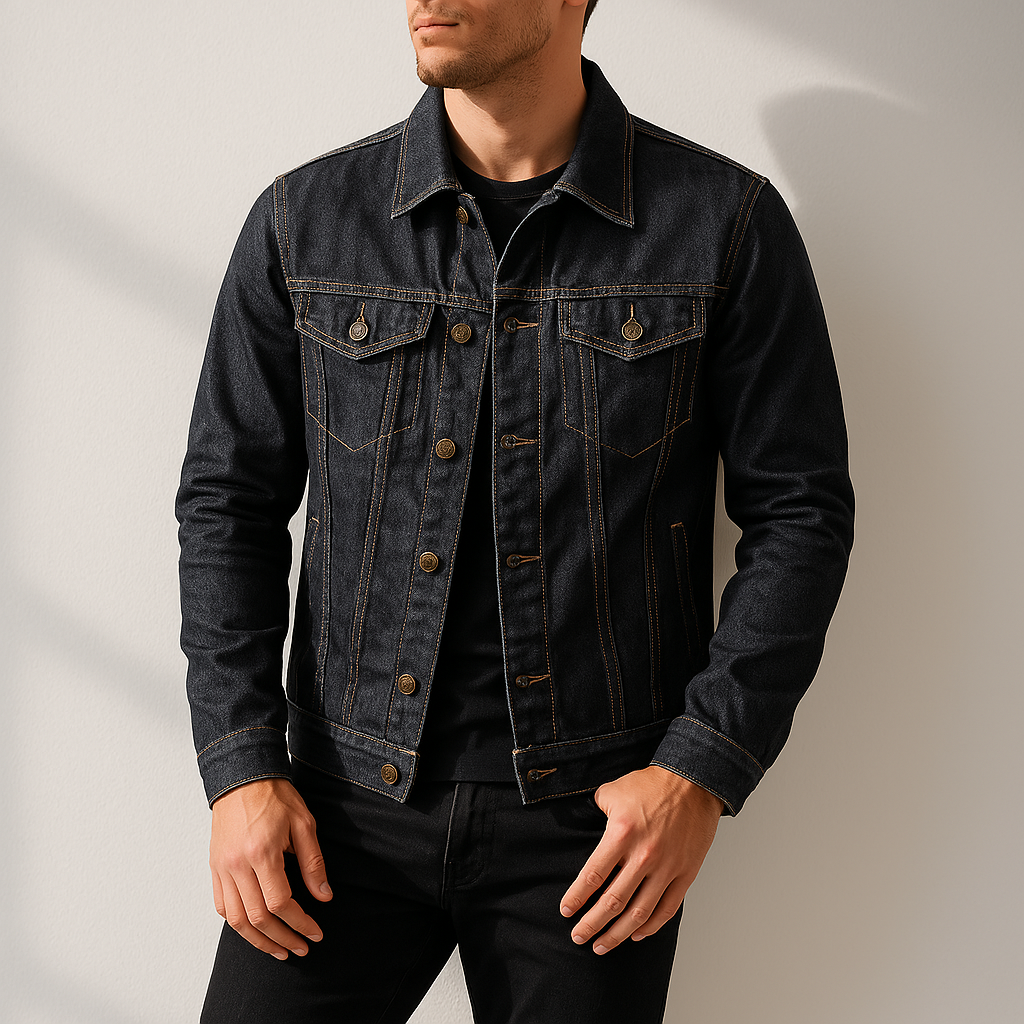Front view of a man wearing a black denim jacket over a black T-shirt with a regular fit and button-front design.