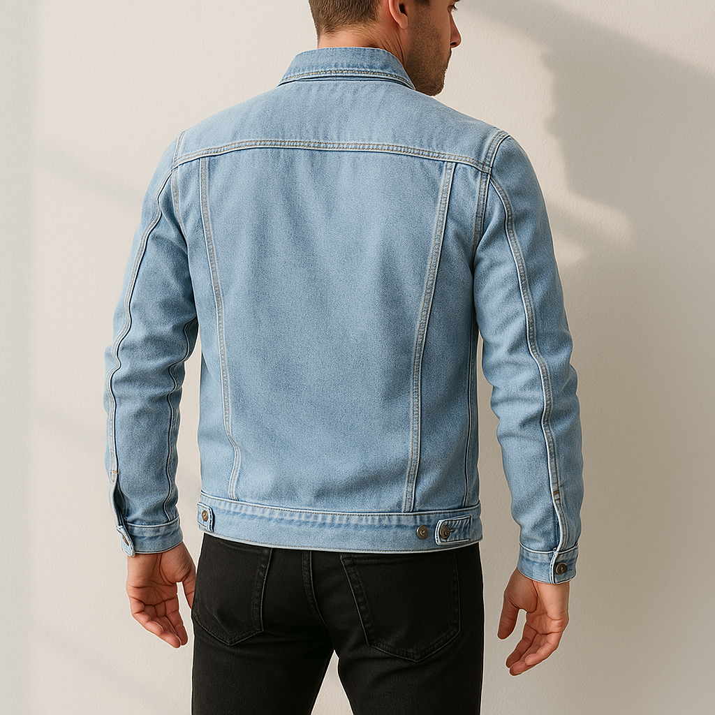 Back view of a men's light wash denim jacket with a classic trucker design, structured seams, and regular fit.