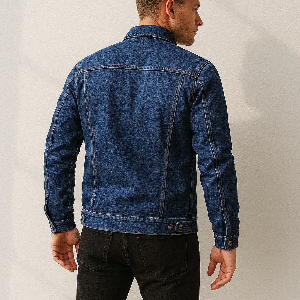 Back view of a men's medium wash denim jacket featuring a classic yoke, button cuffs, and regular-fit silhouette.