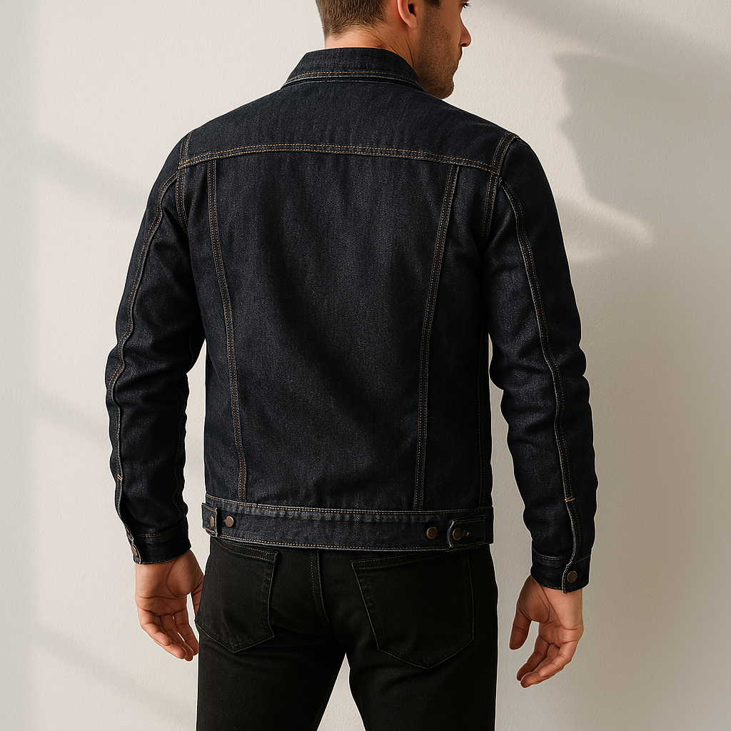 Back view of a men's black denim jacket with a classic trucker silhouette, structured seams, and long sleeves.
