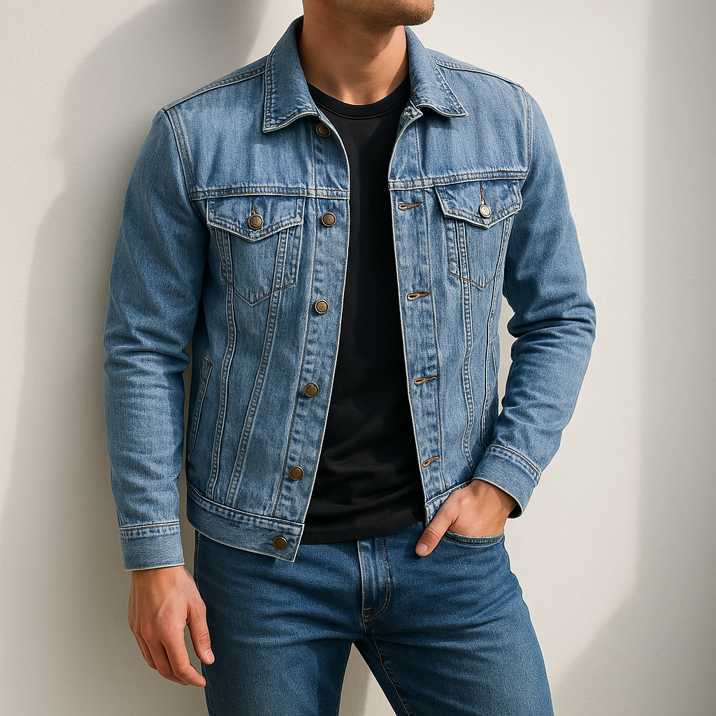 Man wearing a light wash denim jacket with a button-front closure, chest flap pockets, and classic collar over a black T-shirt and blue jeans.