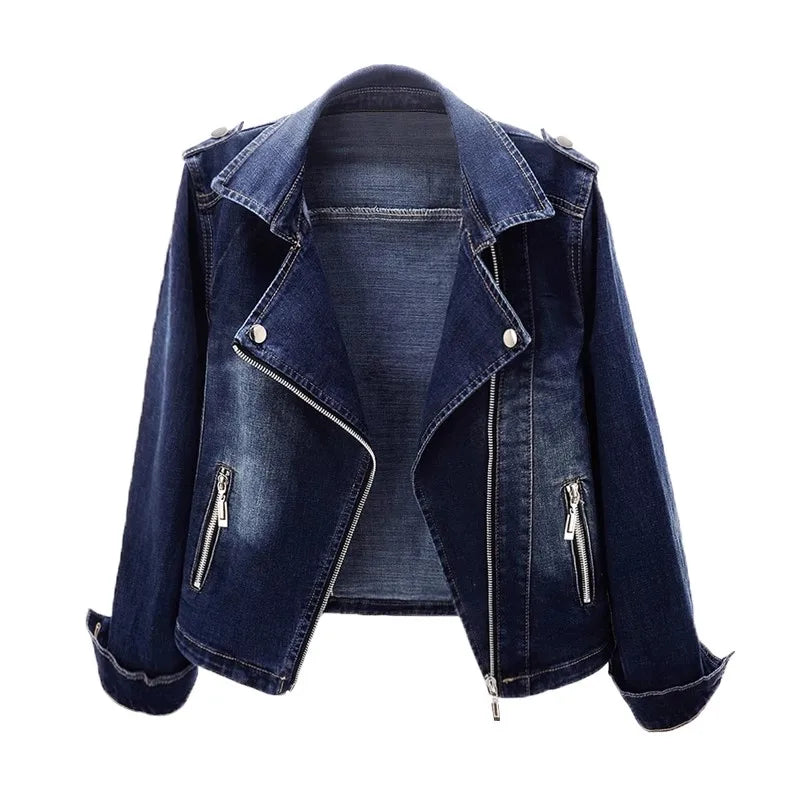 Women's dark blue denim moto jacket with an asymmetrical zipper, notched lapel collar, zippered pockets, and cropped silhouette.