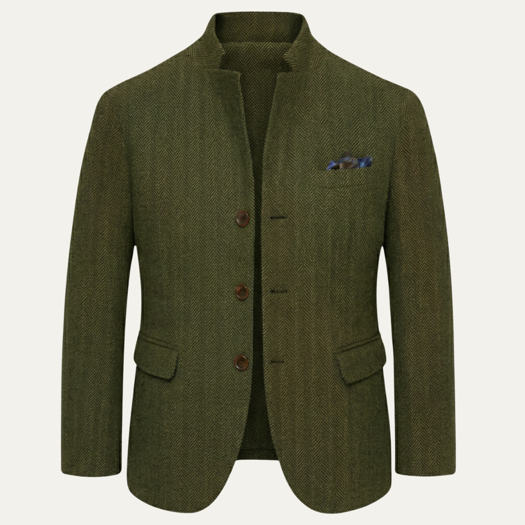 Men's olive green textured wool blazer with a stand collar, button-front closure, flap pockets, and tailored silhouette displayed on a hanger.