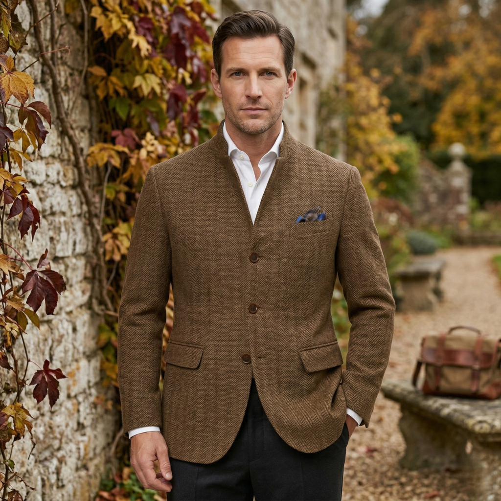 Man wearing a brown textured wool blazer with a stand collar and blue pocket square while standing outdoors in an autumn setting.